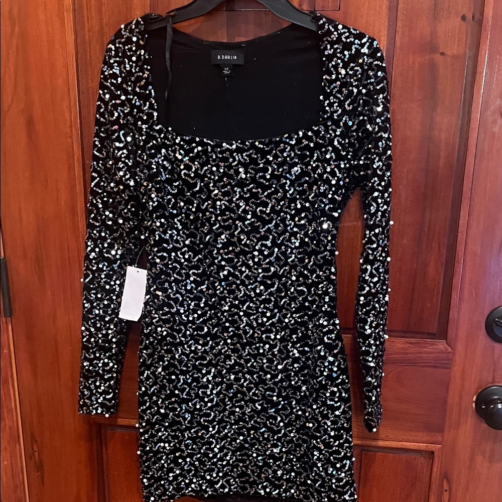 bebe Black Sequin Long Sleeve Dress